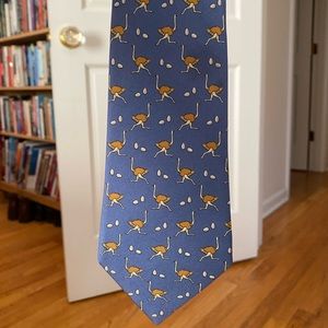 Hermes silk blue tie with ostrich pattern